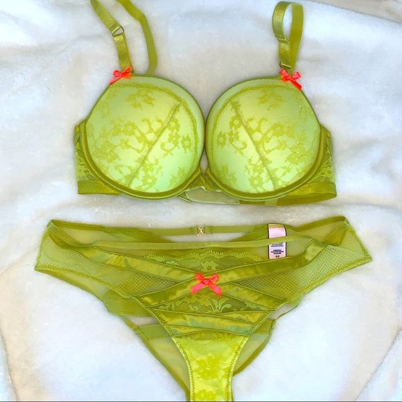 2 PC Set Victoria secret very sexy 32DD Bra Yellow Green fishnet Small Panty